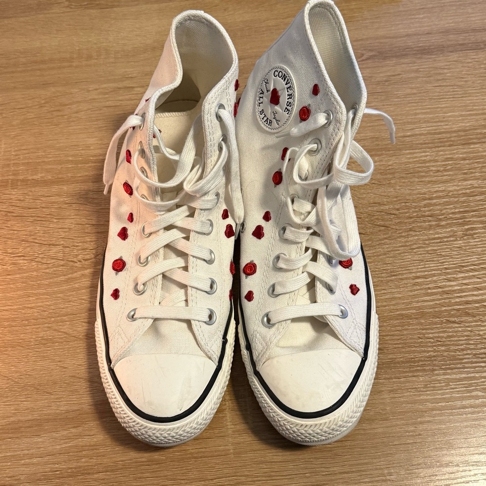 Converse White High-Tops with Red Heart Details